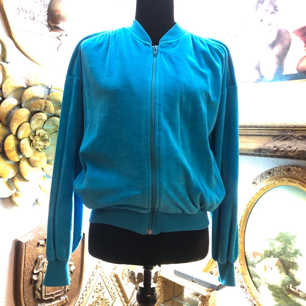 VINTAGE BAY CLUB SZ S AQUA Bomber VELVET Jacket WITH ZIPPER UP  AND POCKET